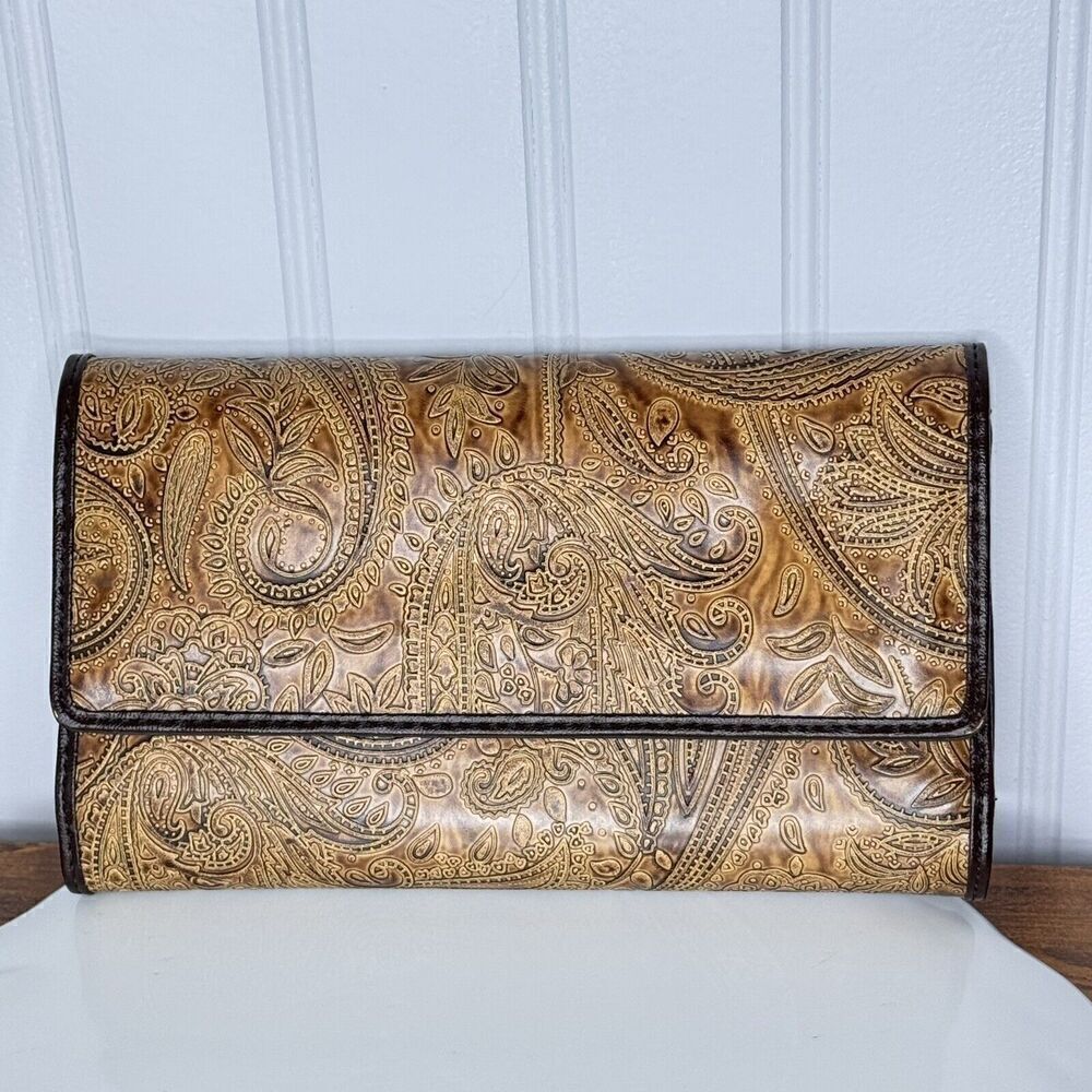 Relic TriFold Wallet Checkbook Insert Brown Paisley Saddle Tooled Leather Boho